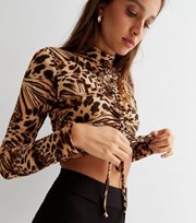 New Look Brown Animal Print High Neck Ruched Tie Front Long Sleeve Crop Top